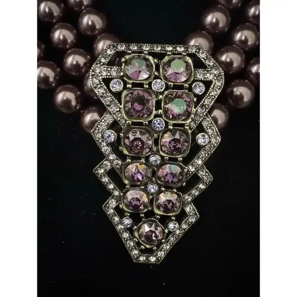 Heidi Daus Aubergine Art Deco Triple Strand Vintage Necklace AB Crystal Pendant - Picture 2 of 16